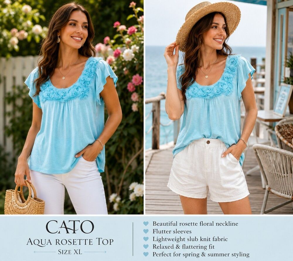 CATO Aqua Rosette Top Blouse Women XL Romantic Feminine Cottagecore Boho Chic